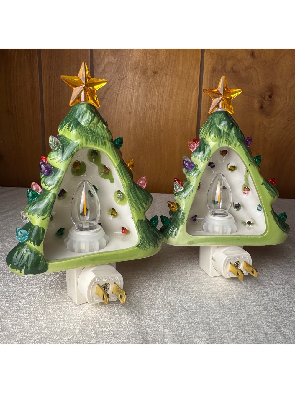 Vintage Ceramic Christmas Tree Night Lights Set of 2 Plug In Holiday Decor - Picture 5 of 7